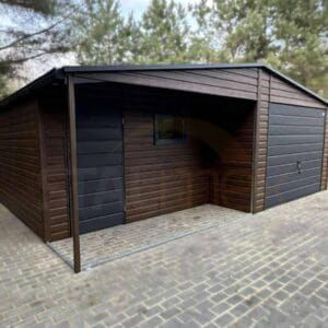 GD144_2 Plechová garáž s výklenkom 7x5m Orech / RAL 7016 Antracit | Dvere a Okno | Filc a Odkvapy | Zosilnená konštrukcia