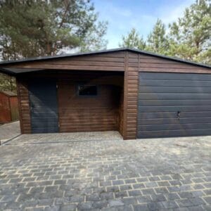 GD144_3 Plechová garáž s výklenkom 7x5m Orech / RAL 7016 Antracit | Dvere a Okno | Filc a Odkvapy | Zosilnená konštrukcia