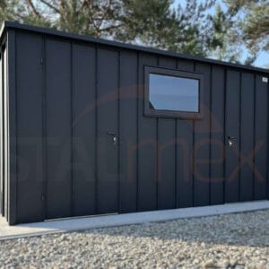 D181_1 Záhradný domček 4,5×3 m Čierna Mat | Falcovaný plech | Okno | Zosilnená konštrukcia